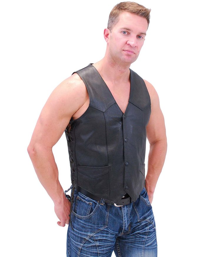 Men's Concealed Pocket Buffalo Leather Vest w/Side Lacing #VM803LK