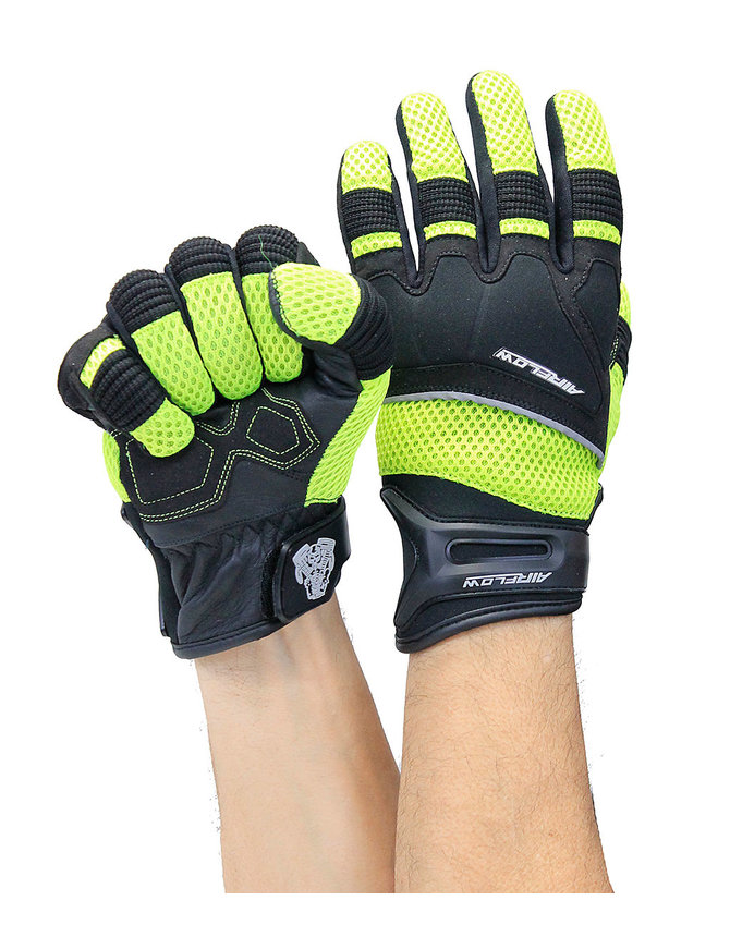 Green Mesh Motorcycle Gloves with Leather Palm & Reflectors #GC4344VRN
