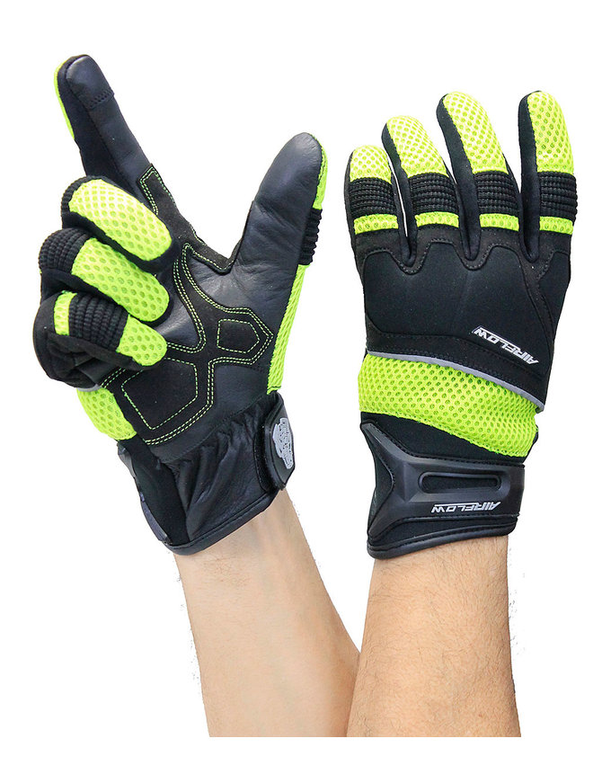 Green Mesh Motorcycle Gloves with Leather Palm & Reflectors #G4345MGR