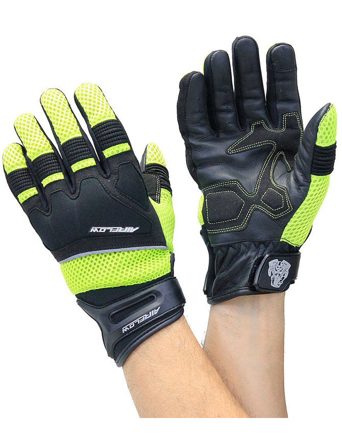 Green Mesh Motorcycle Gloves with Leather Palm & Reflectors #GC4344VRN