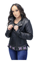 Studded Motorcycle Jacket with Purple Roses & Concealment #L656217RZK