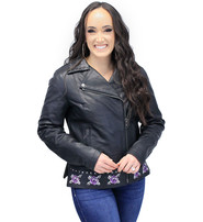 Studded Motorcycle Jacket with Purple Roses & Concealment #L656217RZK