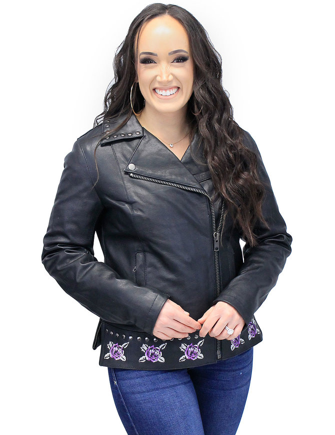 Studded Motorcycle Jacket with Purple Roses & Concealment #L656217RZK