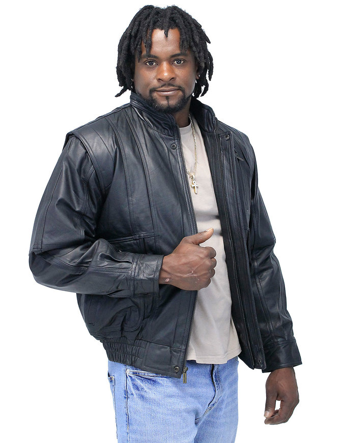 Black Leather Bomber Jacket w/Mandarin Collar #M511ZK