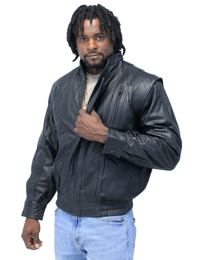 Black Leather Bomber Jacket w/Mandarin Collar #M511ZK