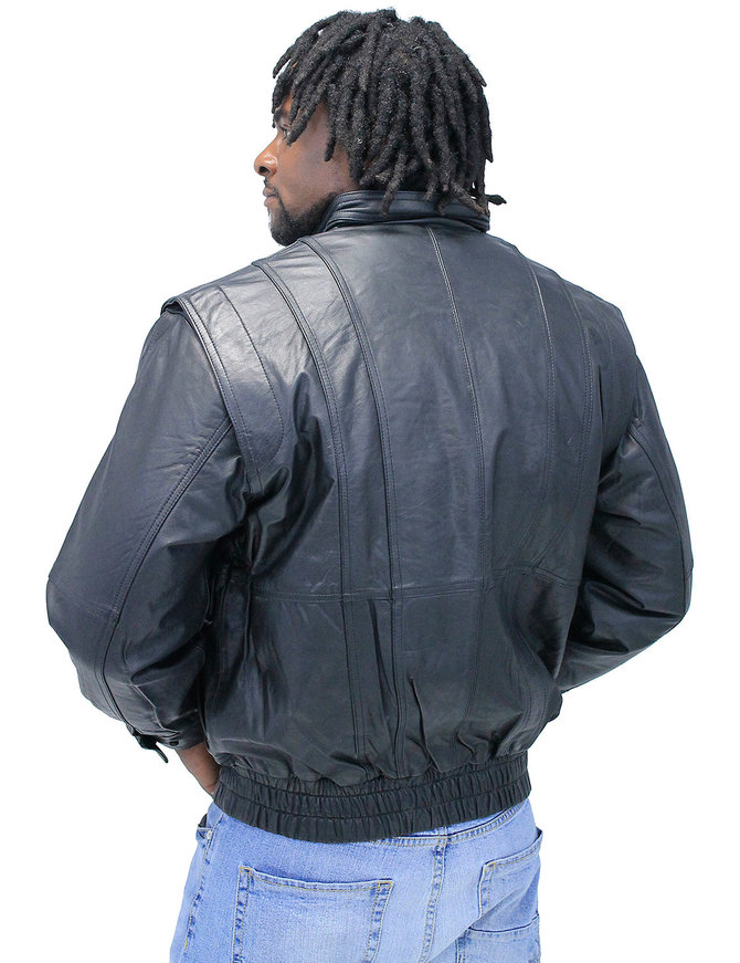 Black Leather Bomber Jacket w/Mandarin Collar #M511ZK