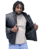 Black Leather Bomber Jacket w/Mandarin Collar #M511ZK