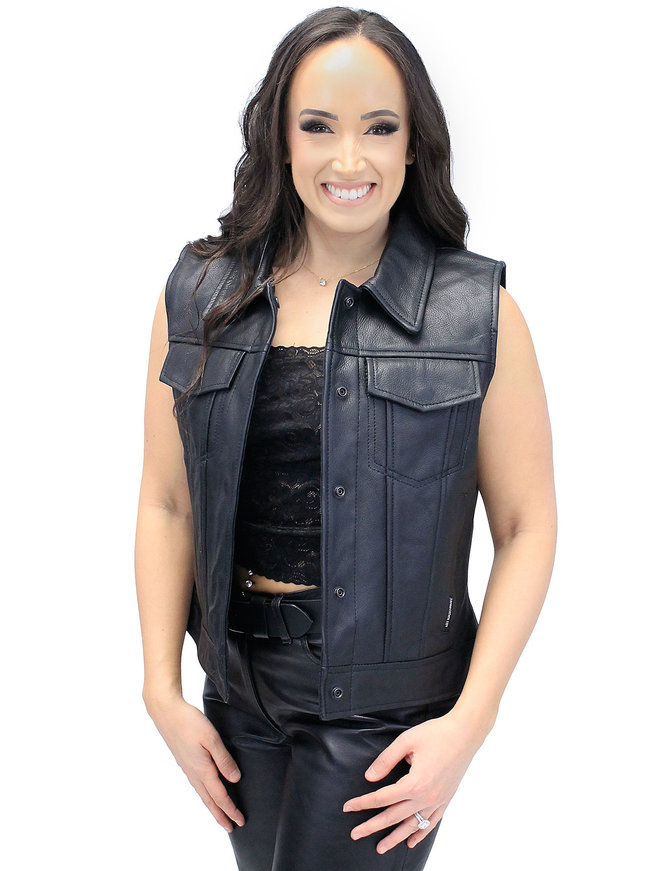 Jamin Leather Women's Heavy Leather Club Vest w/Concealed Pockets #VL1015HGK
