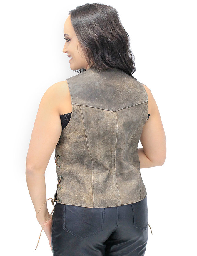 Women's Vintage Brown Braid Trim Leather Zip Vest #VL2616ZN - Jamin ...