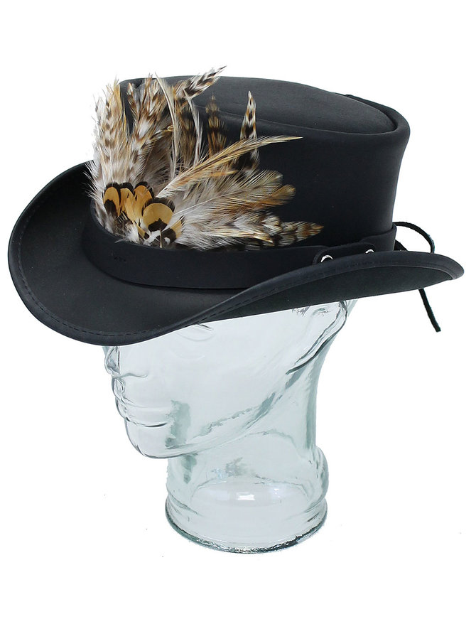 Large Front Feathers on Black Leather Hatband #HB-XFEATHER
