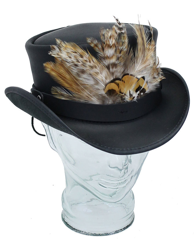 Large Front Feathers on Black Leather Hatband #HB-XFEATHER