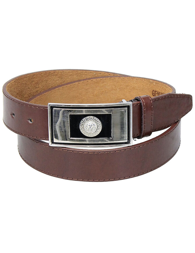 Wide Brown Dress Belt with Rectangular Chrome Buckle #BT2030N -