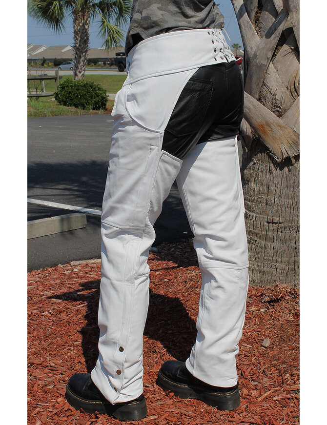 Jamin Leather® White Soft Leather Pocket Chaps w/Stretch Thigh #C949PSTW