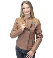 First MFG Women's Soft Brown Lambskin Zip Snap Motorcycle Jacket #L1587N