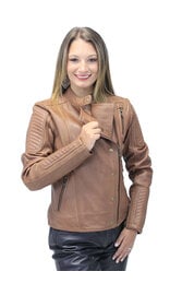 First MFG Women's Soft Brown Lambskin Zip Snap Motorcycle Jacket #L1587N  (S-5X)