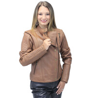 First MFG Women's Soft Brown Lambskin Zip Snap Motorcycle Jacket #L1587N