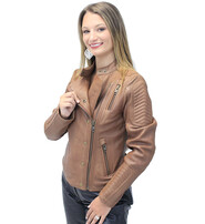 First MFG Women's Soft Brown Lambskin Zip Snap Motorcycle Jacket #L1587N