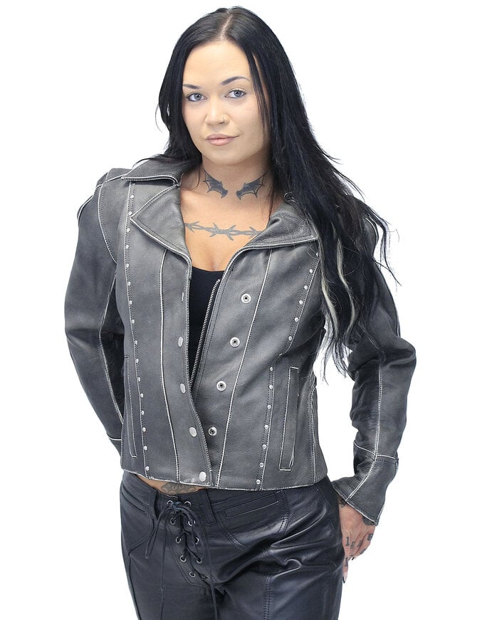 Jamin Leather® Rivet Trim Vintage Leather Motorcycle Jacket for Women #LA4041ZRDN
