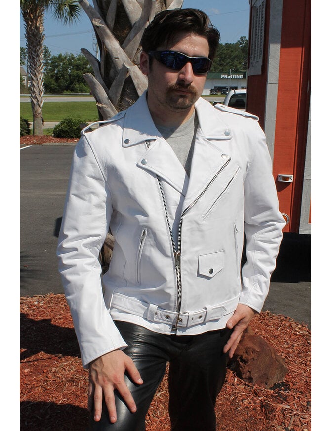 Men's White Leather Motorcycle Jacket w/Concealed Pocket #M111GW