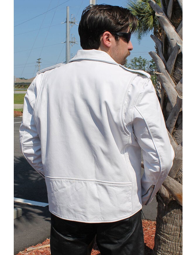 Men's White Leather Motorcycle Jacket w/Concealed Pocket #M111GW