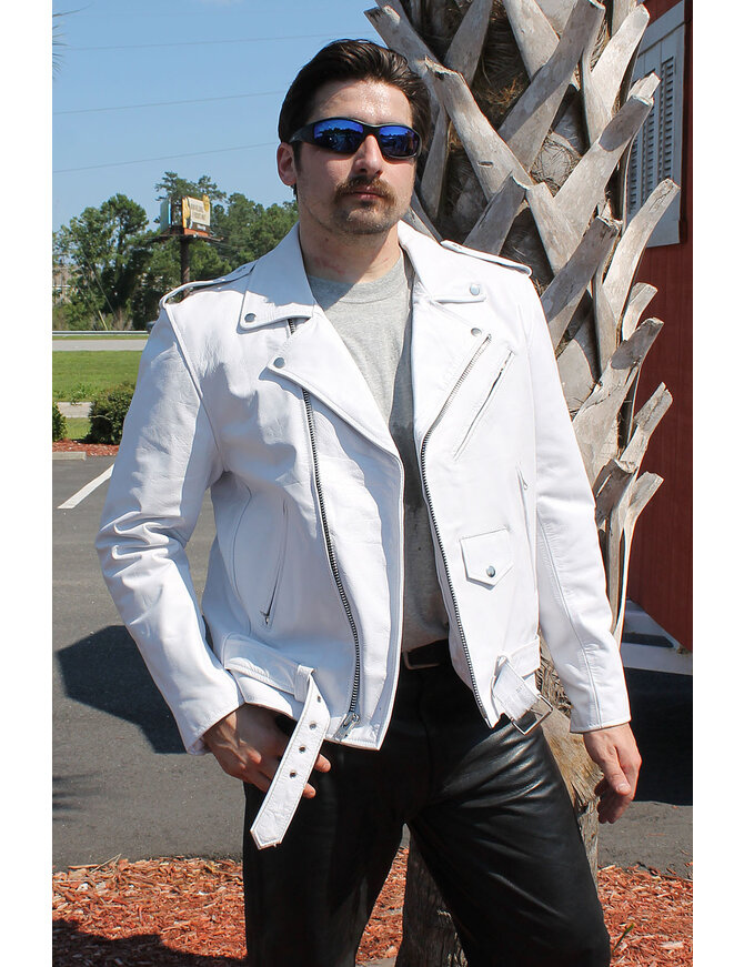 Men's White Leather Motorcycle Jacket w/Concealed Pocket #M111GW