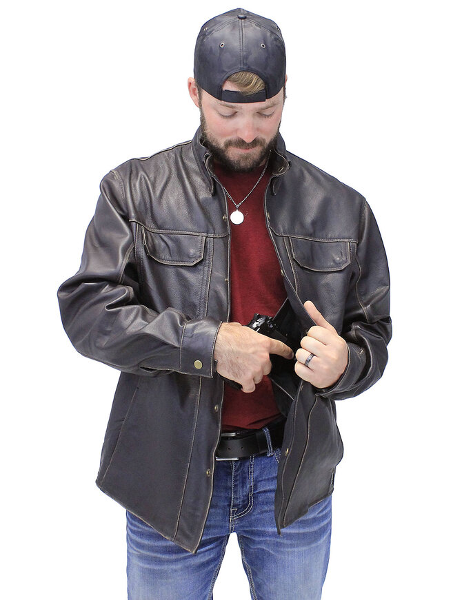 Men's Vintage Brown Leather Shirt w/Concealed Pockets #MSA8672GDN