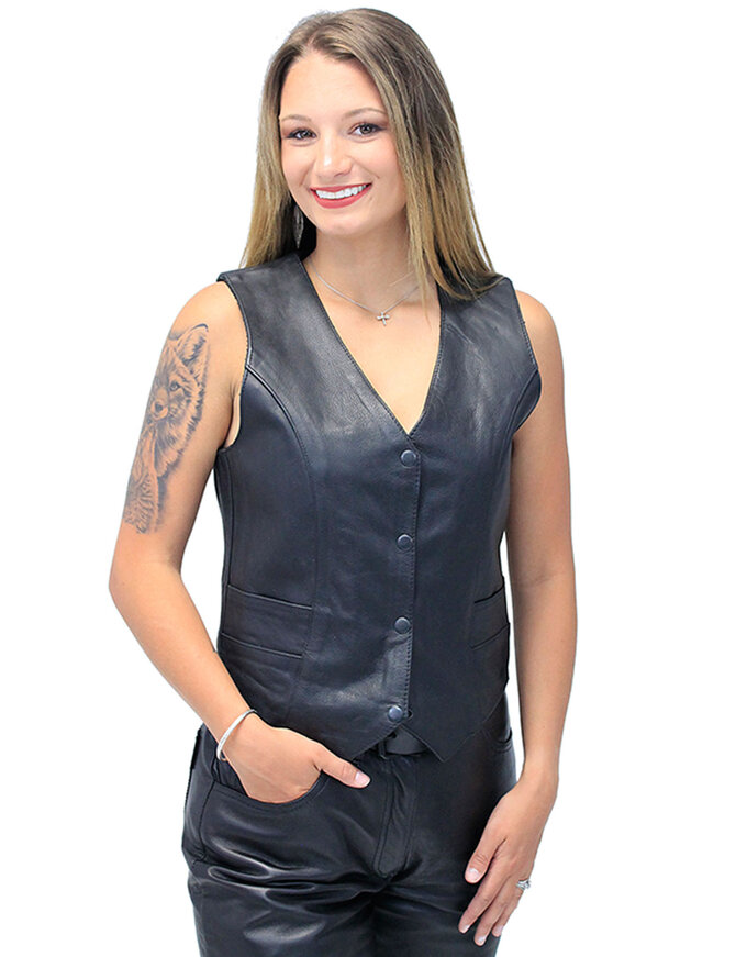 Women's Black Leather Vest with Concealed Pockets #VL2658GK