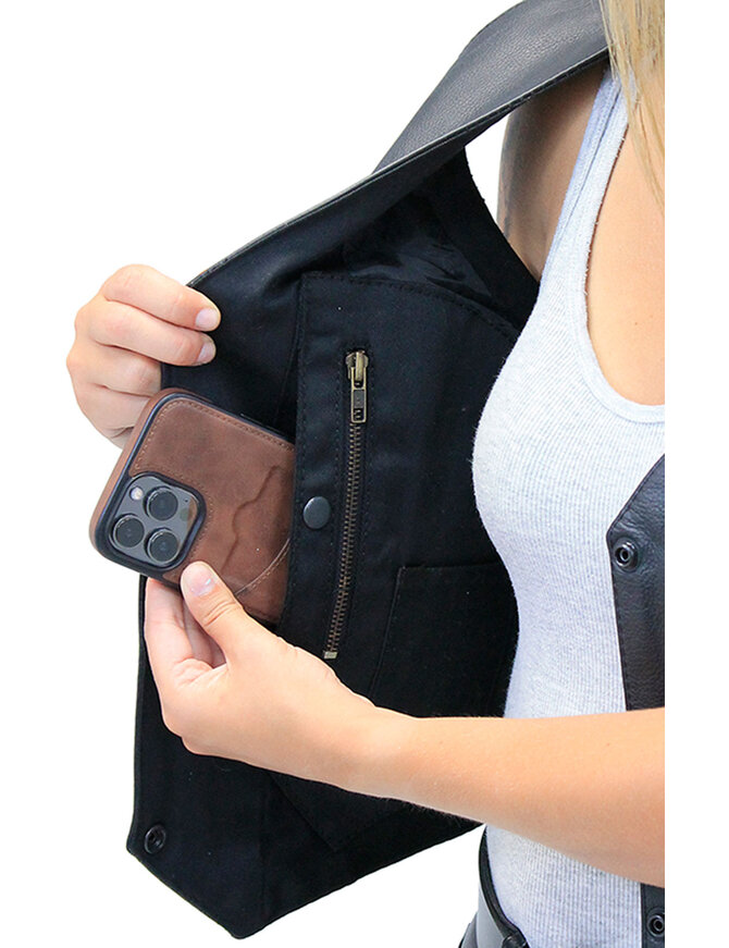 Women's Black Leather Vest with Concealed Pockets #VL2658GK