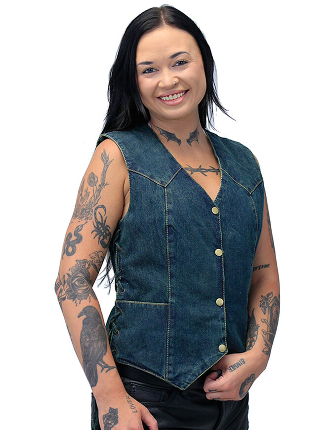 Milwaukee Women's Blue Denim Side Lace Biker Vest #VLC40012LU