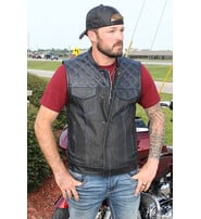 Unik Blue Stitch Denim Leather Quilt Concealed Pocket Vest #VM6680DGQU