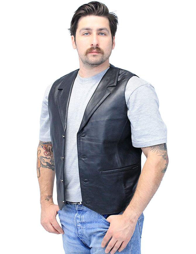 Men's black leather notched lapel vest