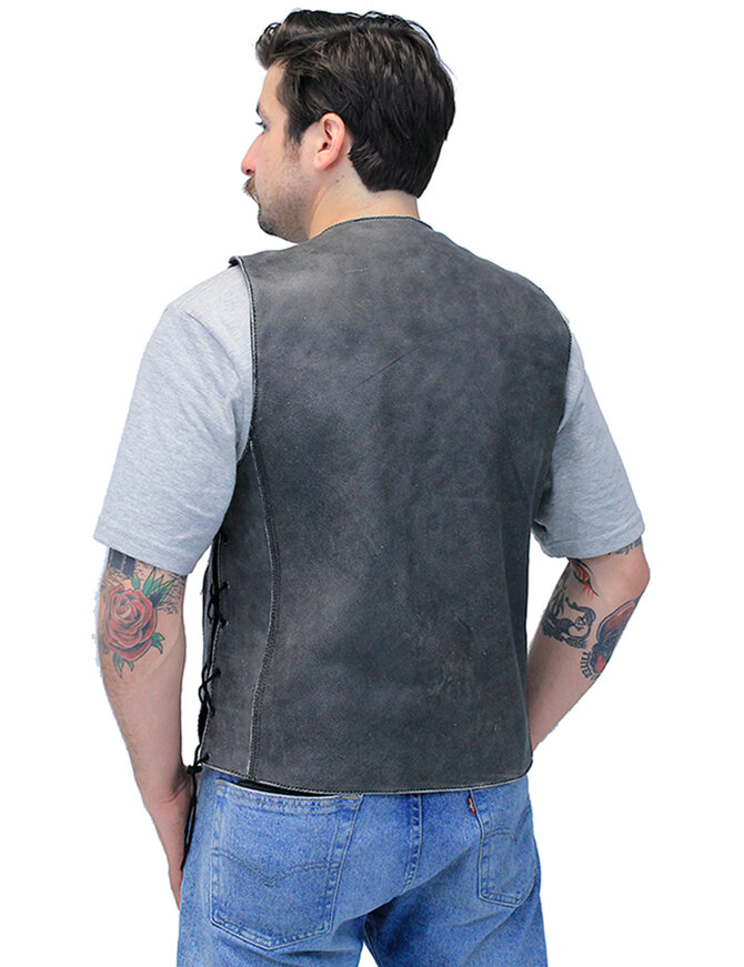 Vintage Gray Leather Side Lace 10 Pocket Vest #VMA964GLGY