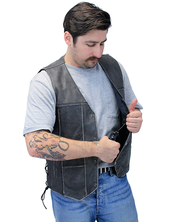 Vintage Gray Leather Side Lace 10 Pocket Vest #VMA964GLGY