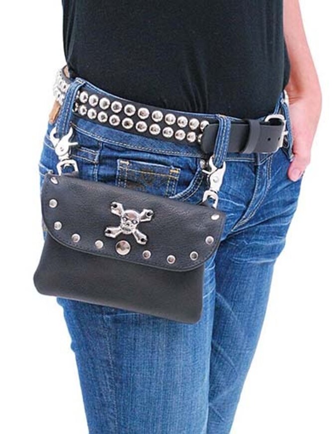 JAMIN LEATHER Skull & Stud Leather Double Clip Pouch #PKK1306RSK