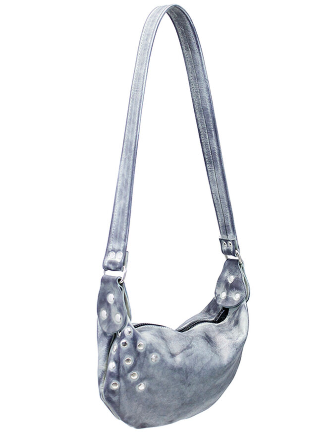 JAMIN LEATHER Hand Antiqued Small Gray Leather Studded Banana Purse #PA2303RGY