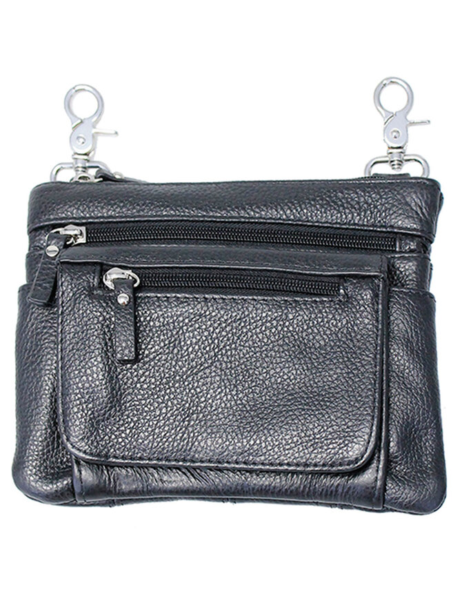 Black Leather Double Clip Pouch Hip Klip Bag for Larger Cell Phones  #PKK30970K