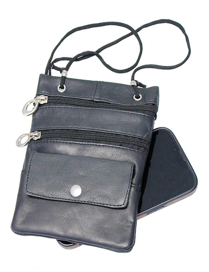 Small Black Leather Cell Phone String Pouch #P3200K