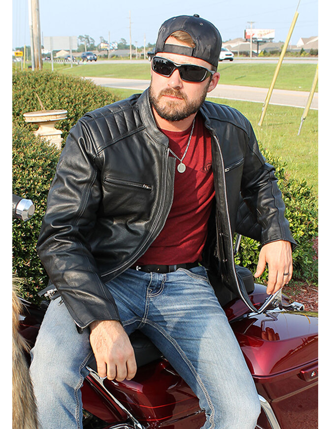 Men's Ribbed Shoulder Leather Motorcycle Jacket #M5760GQZK