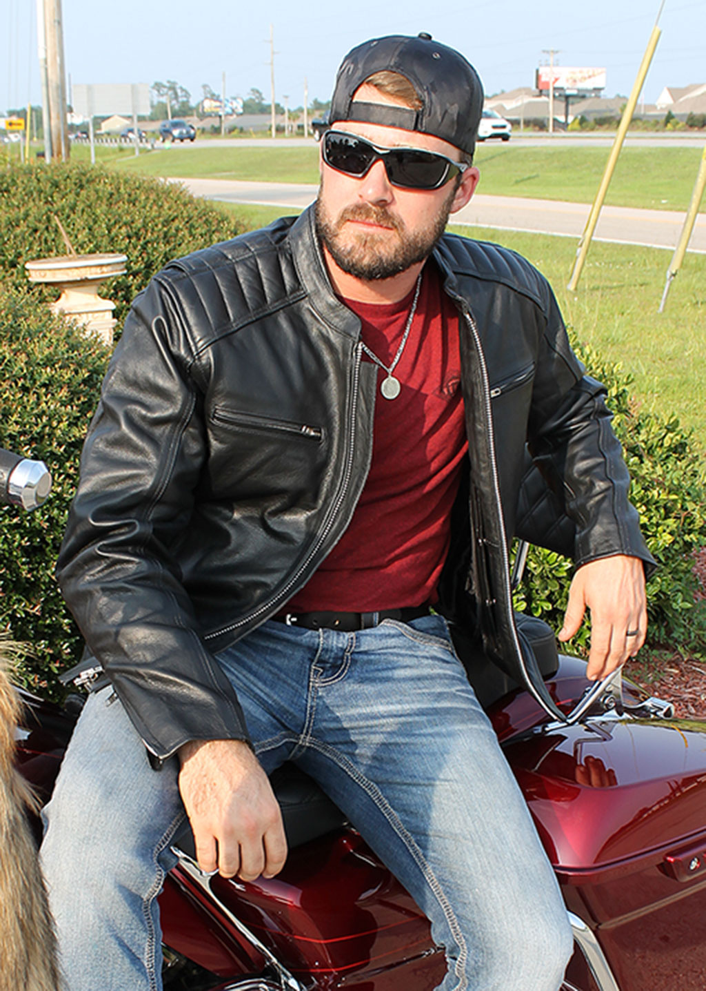 Men's Ribbed Shoulder Leather Motorcycle Jacket #M5760GQZK