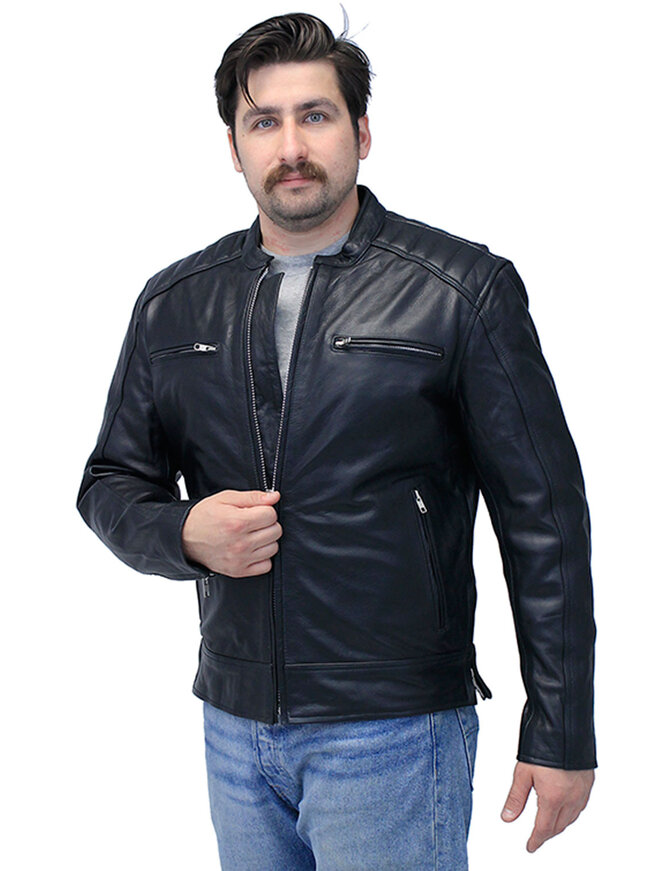 Men's Ribbed Shoulder Leather Motorcycle Jacket #M5760GQZK - Jamin