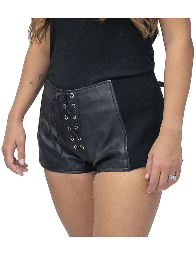 EB Denim Leather Micro Lace Up Shorts in Black