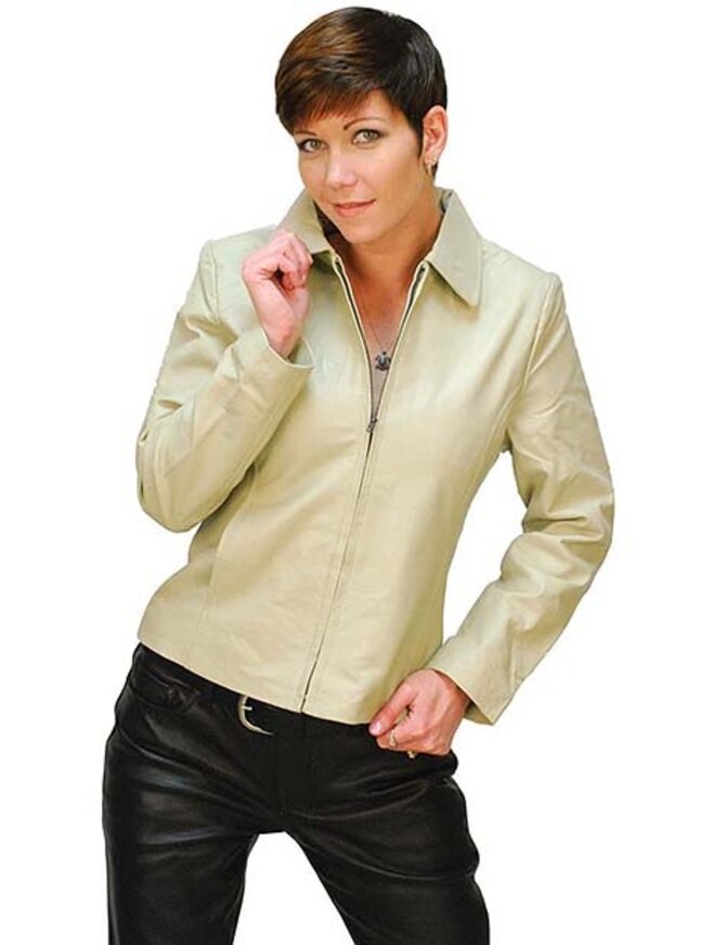 Ladies Cream Colored Leather Zip Jacket #L21051W