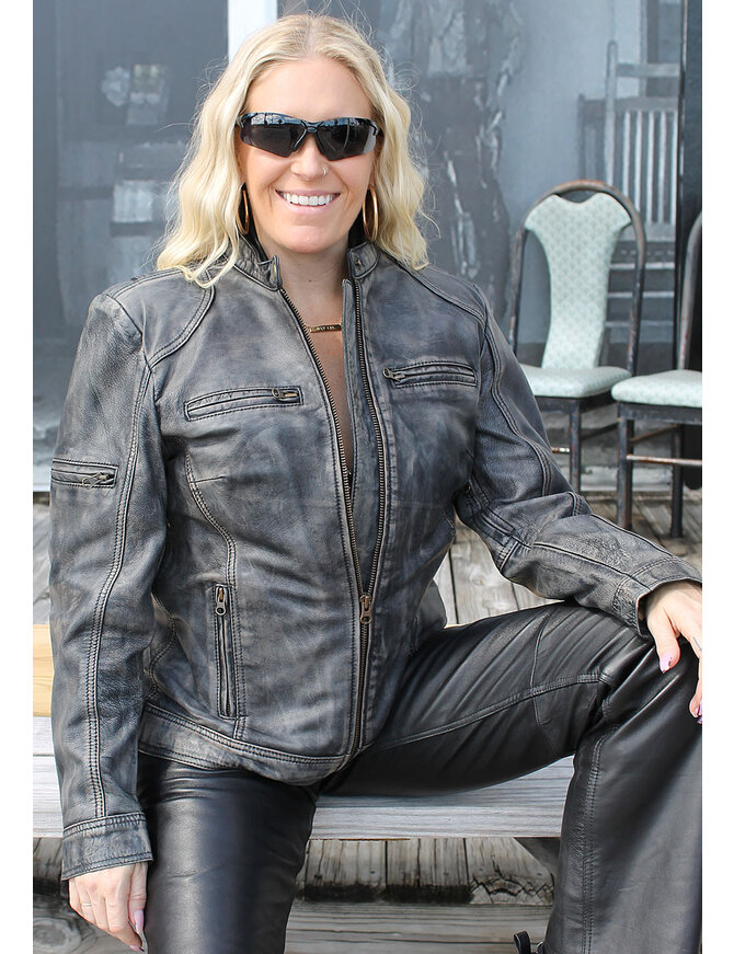 Jamin Leather® Women's Distressed Taupe/Black Scooter Jacket CC Pocket #LA2012VGK