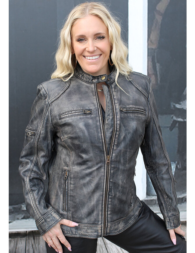 Jamin Leather® Women's Distressed Taupe/Black Scooter Jacket CC Pocket #LA2012VGK