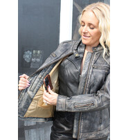 Jamin Leather® Women's Distressed Taupe/Black Scooter Jacket CC Pocket #LA2012VGK