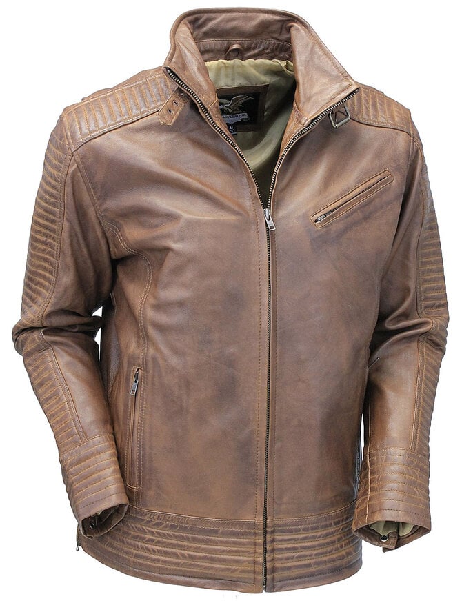 Jamin Leather® Distressed Brown Leather Ribbed Trim Jacket Butterfly Collar #MA1992GN