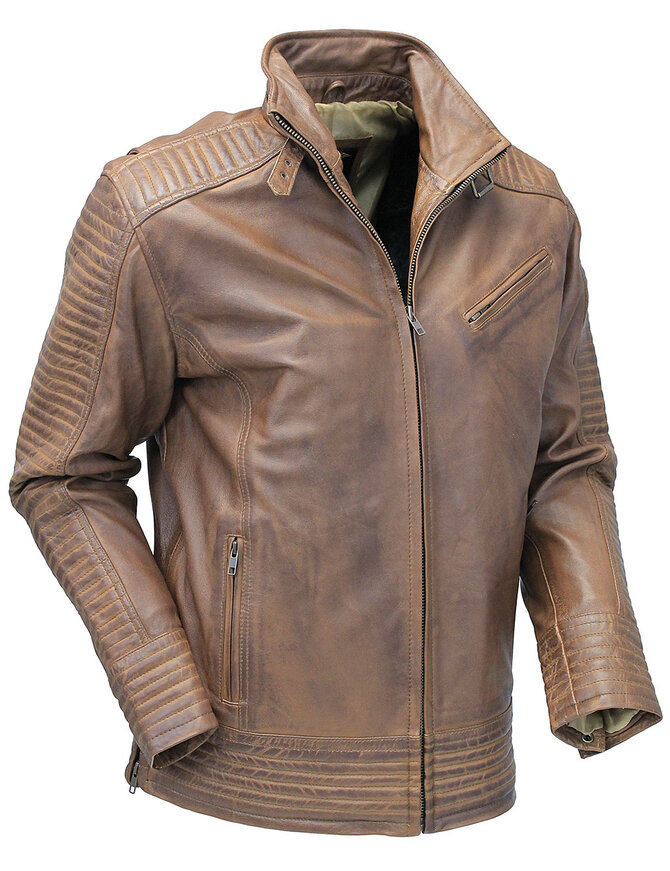 Jamin Leather® Distressed Brown Leather Ribbed Trim Jacket Butterfly Collar #MA1992GN