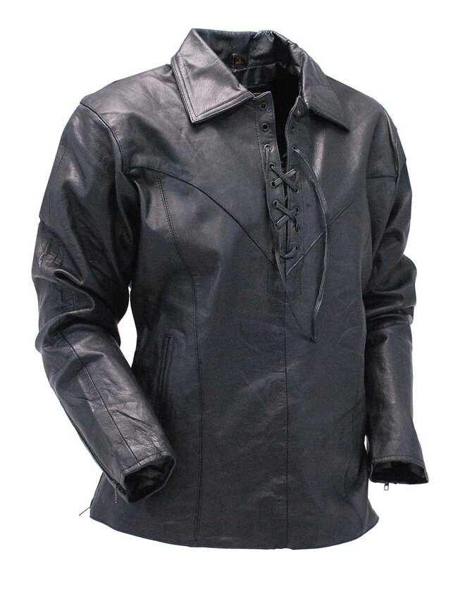 Jamin Leather® Black Leather Lace Up Pullover Shirt with Side Zippers #MS854LK