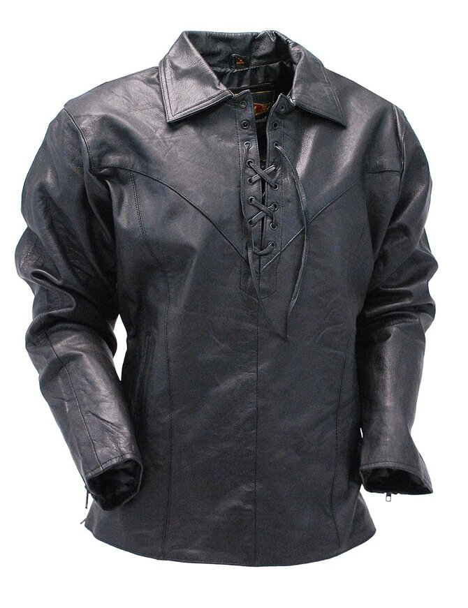 Jamin Leather® Black Leather Lace Up Pullover Shirt with Side Zippers #MS854LK