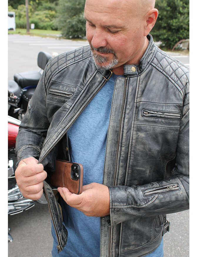 Jamin Leather® Taupe/Black Distressed Leather Vented Café Racer Jacket #MA2020VQGK